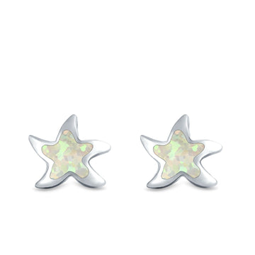 Starfish Stud Earrings Lab Created White Opal 925 Sterling Silver (9mm)